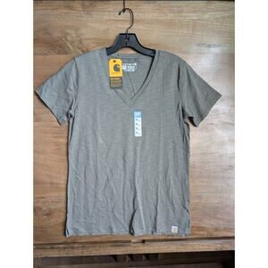 Carhartt T-Shirt Womens XS Olive Green Relaxed Fit Short Sleeve V-Neck Pullover